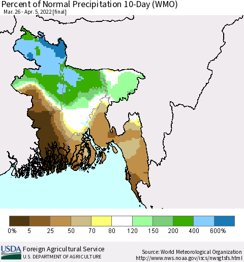 Bangladesh Percent of Normal Precipitation 10-Day (WMO) Thematic Map For 3/26/2022 - 4/5/2022