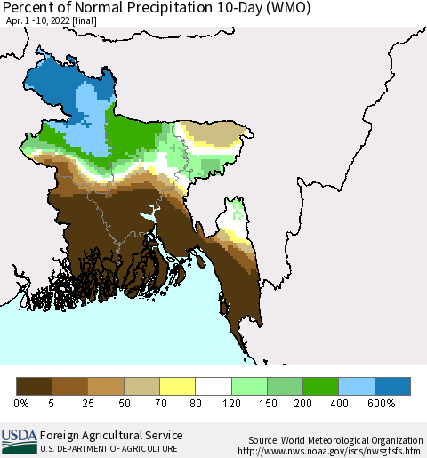 Bangladesh Percent of Normal Precipitation 10-Day (WMO) Thematic Map For 4/1/2022 - 4/10/2022
