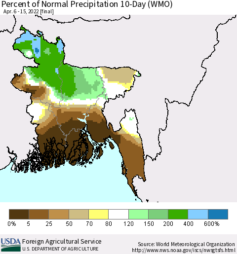 Bangladesh Percent of Normal Precipitation 10-Day (WMO) Thematic Map For 4/6/2022 - 4/15/2022