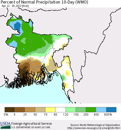 Bangladesh Percent of Normal Precipitation 10-Day (WMO) Thematic Map For 4/11/2022 - 4/20/2022