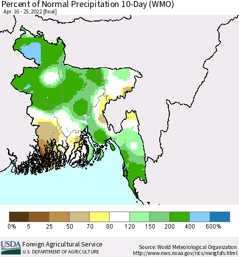Bangladesh Percent of Normal Precipitation 10-Day (WMO) Thematic Map For 4/16/2022 - 4/25/2022
