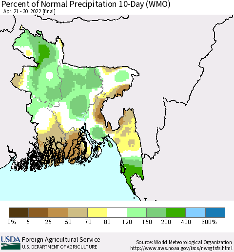 Bangladesh Percent of Normal Precipitation 10-Day (WMO) Thematic Map For 4/21/2022 - 4/30/2022