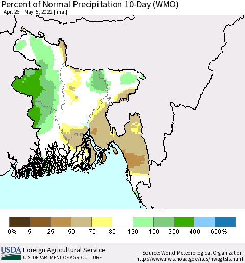 Bangladesh Percent of Normal Precipitation 10-Day (WMO) Thematic Map For 4/26/2022 - 5/5/2022