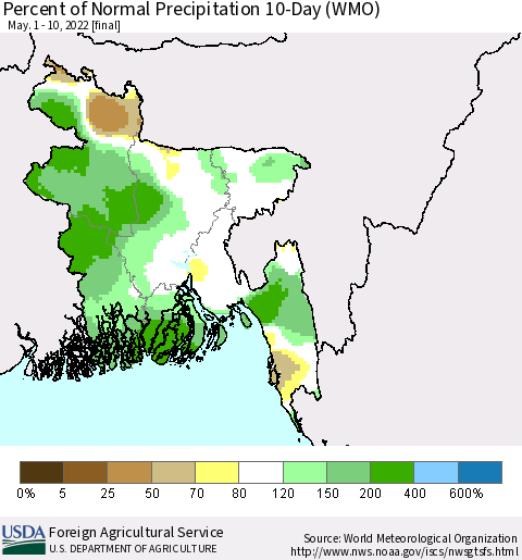 Bangladesh Percent of Normal Precipitation 10-Day (WMO) Thematic Map For 5/1/2022 - 5/10/2022