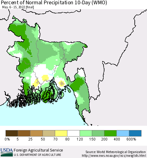 Bangladesh Percent of Normal Precipitation 10-Day (WMO) Thematic Map For 5/6/2022 - 5/15/2022