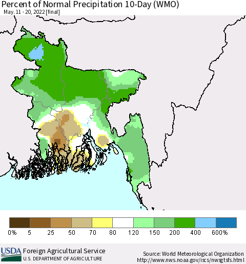 Bangladesh Percent of Normal Precipitation 10-Day (WMO) Thematic Map For 5/11/2022 - 5/20/2022