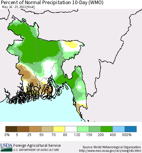 Bangladesh Percent of Normal Precipitation 10-Day (WMO) Thematic Map For 5/16/2022 - 5/25/2022