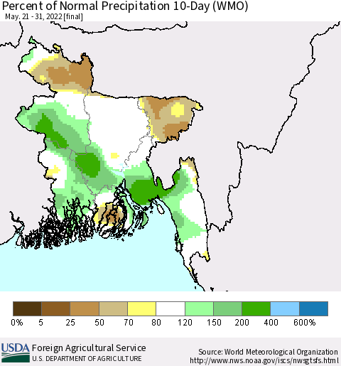 Bangladesh Percent of Normal Precipitation 10-Day (WMO) Thematic Map For 5/21/2022 - 5/31/2022