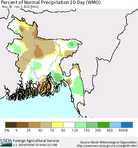 Bangladesh Percent of Normal Precipitation 10-Day (WMO) Thematic Map For 5/26/2022 - 6/5/2022