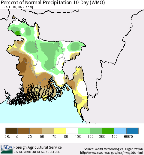 Bangladesh Percent of Normal Precipitation 10-Day (WMO) Thematic Map For 6/1/2022 - 6/10/2022