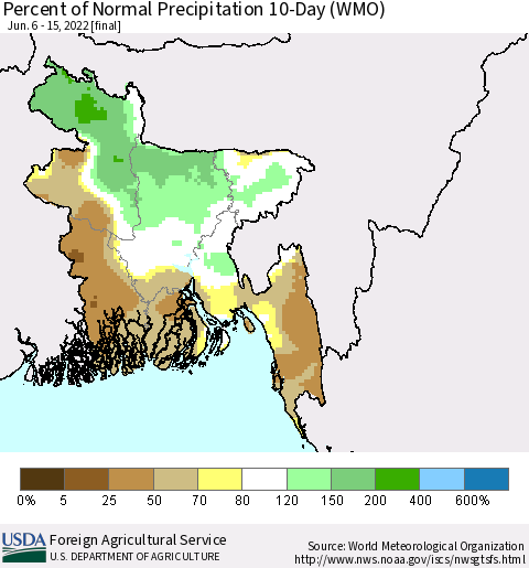 Bangladesh Percent of Normal Precipitation 10-Day (WMO) Thematic Map For 6/6/2022 - 6/15/2022