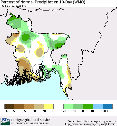 Bangladesh Percent of Normal Precipitation 10-Day (WMO) Thematic Map For 6/11/2022 - 6/20/2022