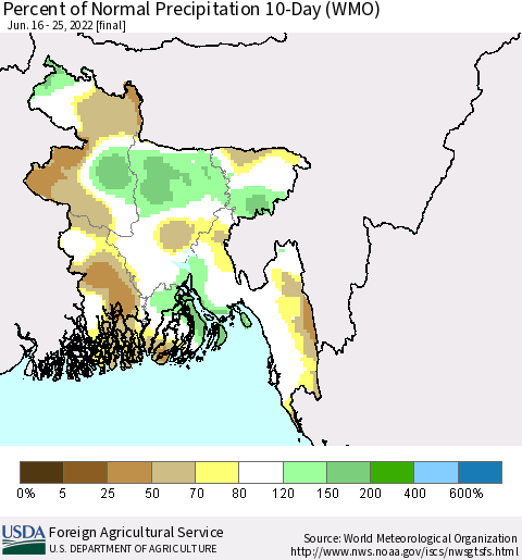 Bangladesh Percent of Normal Precipitation 10-Day (WMO) Thematic Map For 6/16/2022 - 6/25/2022