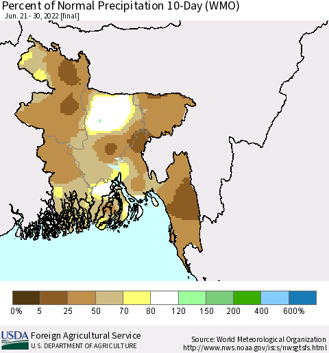 Bangladesh Percent of Normal Precipitation 10-Day (WMO) Thematic Map For 6/21/2022 - 6/30/2022