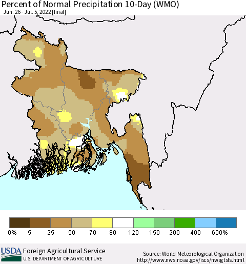 Bangladesh Percent of Normal Precipitation 10-Day (WMO) Thematic Map For 6/26/2022 - 7/5/2022