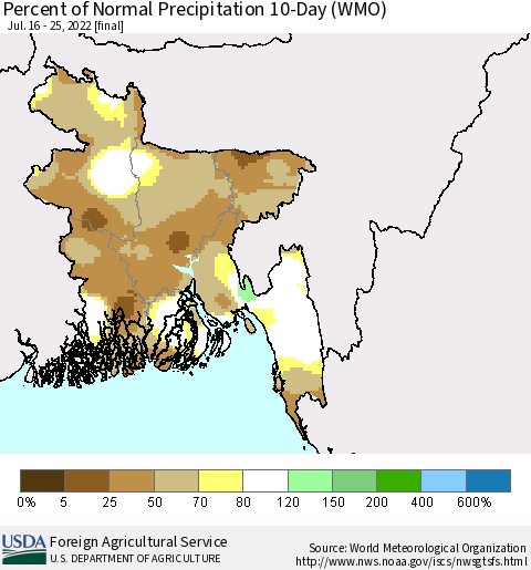 Bangladesh Percent of Normal Precipitation 10-Day (WMO) Thematic Map For 7/16/2022 - 7/25/2022