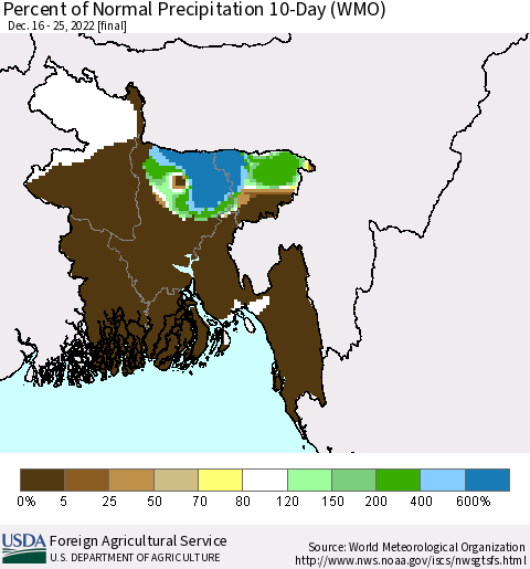 Bangladesh Percent of Normal Precipitation 10-Day (WMO) Thematic Map For 12/16/2022 - 12/25/2022