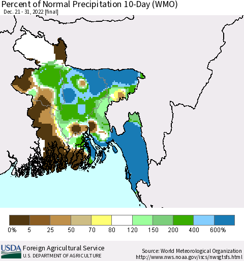 Bangladesh Percent of Normal Precipitation 10-Day (WMO) Thematic Map For 12/21/2022 - 12/31/2022