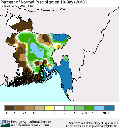 Bangladesh Percent of Normal Precipitation 10-Day (WMO) Thematic Map For 12/26/2022 - 1/5/2023