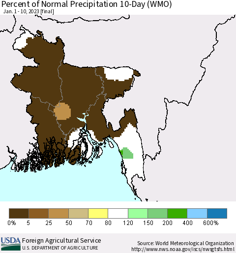 Bangladesh Percent of Normal Precipitation 10-Day (WMO) Thematic Map For 1/1/2023 - 1/10/2023