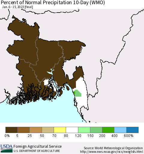 Bangladesh Percent of Normal Precipitation 10-Day (WMO) Thematic Map For 1/6/2023 - 1/15/2023