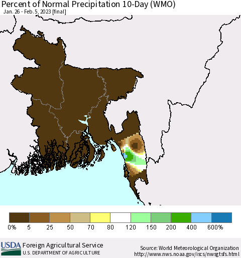 Bangladesh Percent of Normal Precipitation 10-Day (WMO) Thematic Map For 1/26/2023 - 2/5/2023