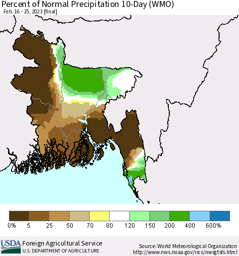 Bangladesh Percent of Normal Precipitation 10-Day (WMO) Thematic Map For 2/16/2023 - 2/25/2023