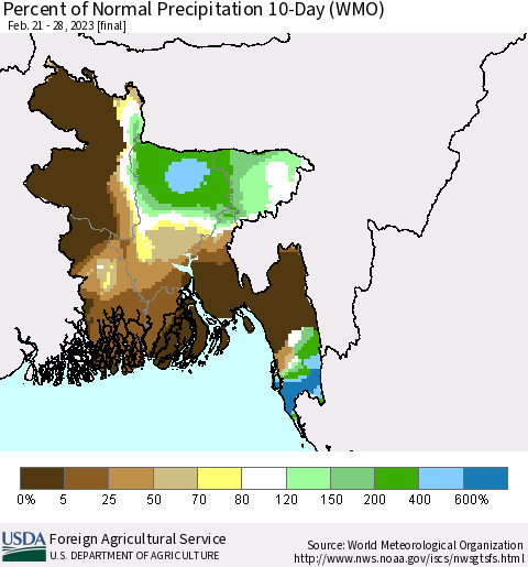 Bangladesh Percent of Normal Precipitation 10-Day (WMO) Thematic Map For 2/21/2023 - 2/28/2023