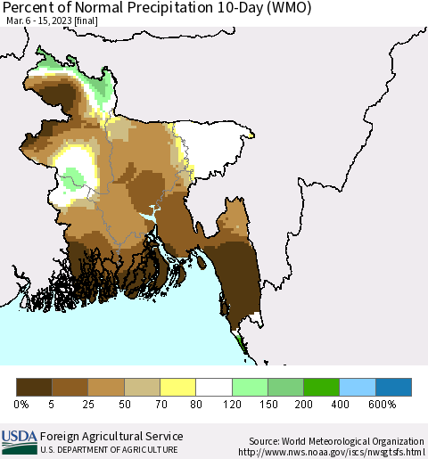 Bangladesh Percent of Normal Precipitation 10-Day (WMO) Thematic Map For 3/6/2023 - 3/15/2023