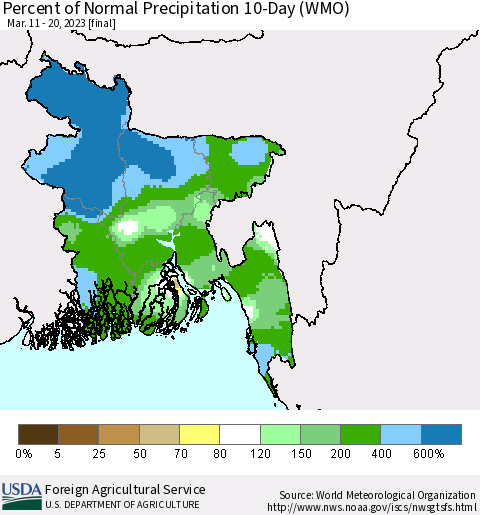 Bangladesh Percent of Normal Precipitation 10-Day (WMO) Thematic Map For 3/11/2023 - 3/20/2023
