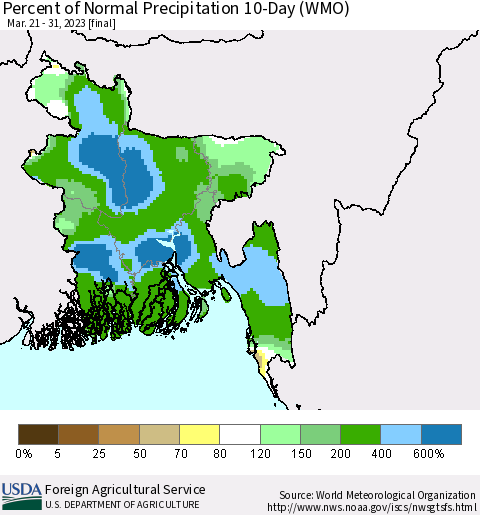 Bangladesh Percent of Normal Precipitation 10-Day (WMO) Thematic Map For 3/21/2023 - 3/31/2023