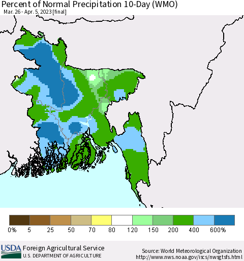 Bangladesh Percent of Normal Precipitation 10-Day (WMO) Thematic Map For 3/26/2023 - 4/5/2023