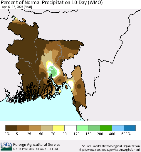 Bangladesh Percent of Normal Precipitation 10-Day (WMO) Thematic Map For 4/6/2023 - 4/15/2023
