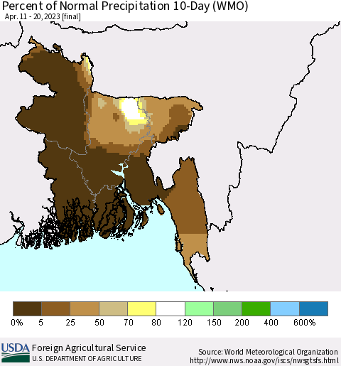 Bangladesh Percent of Normal Precipitation 10-Day (WMO) Thematic Map For 4/11/2023 - 4/20/2023