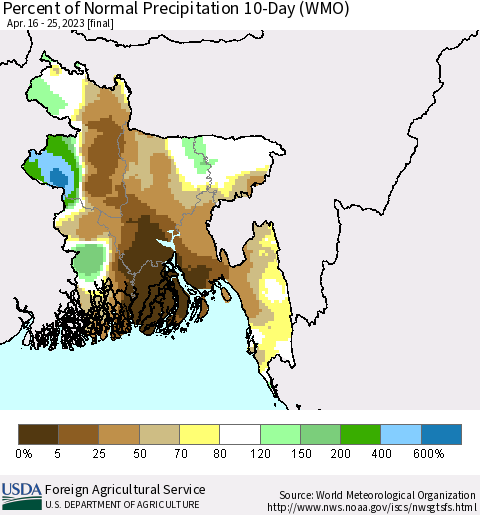 Bangladesh Percent of Normal Precipitation 10-Day (WMO) Thematic Map For 4/16/2023 - 4/25/2023