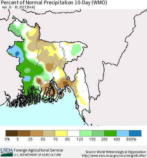 Bangladesh Percent of Normal Precipitation 10-Day (WMO) Thematic Map For 4/21/2023 - 4/30/2023