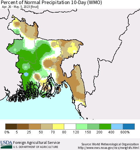 Bangladesh Percent of Normal Precipitation 10-Day (WMO) Thematic Map For 4/26/2023 - 5/5/2023