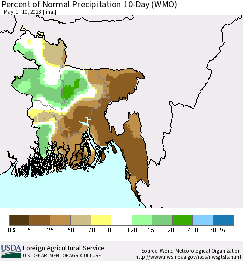 Bangladesh Percent of Normal Precipitation 10-Day (WMO) Thematic Map For 5/1/2023 - 5/10/2023