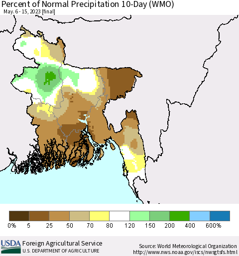 Bangladesh Percent of Normal Precipitation 10-Day (WMO) Thematic Map For 5/6/2023 - 5/15/2023