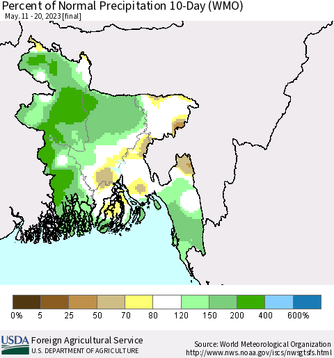 Bangladesh Percent of Normal Precipitation 10-Day (WMO) Thematic Map For 5/11/2023 - 5/20/2023