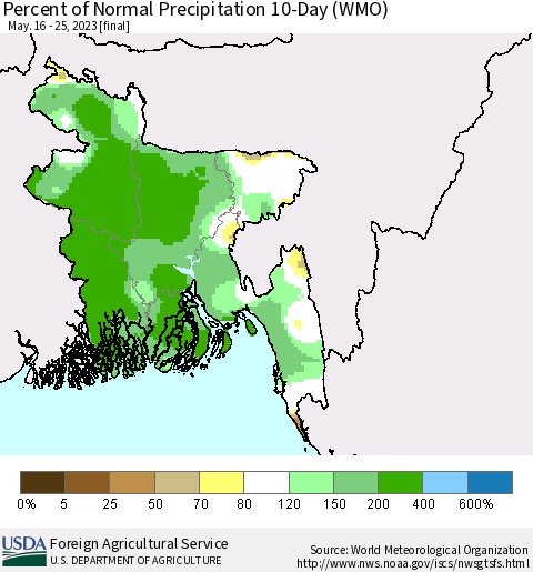 Bangladesh Percent of Normal Precipitation 10-Day (WMO) Thematic Map For 5/16/2023 - 5/25/2023