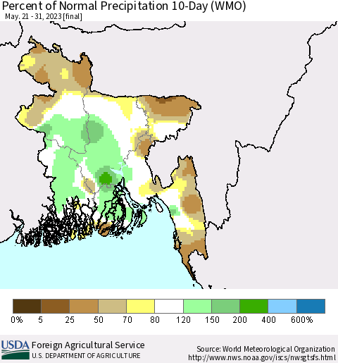 Bangladesh Percent of Normal Precipitation 10-Day (WMO) Thematic Map For 5/21/2023 - 5/31/2023
