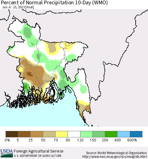 Bangladesh Percent of Normal Precipitation 10-Day (WMO) Thematic Map For 6/6/2023 - 6/15/2023