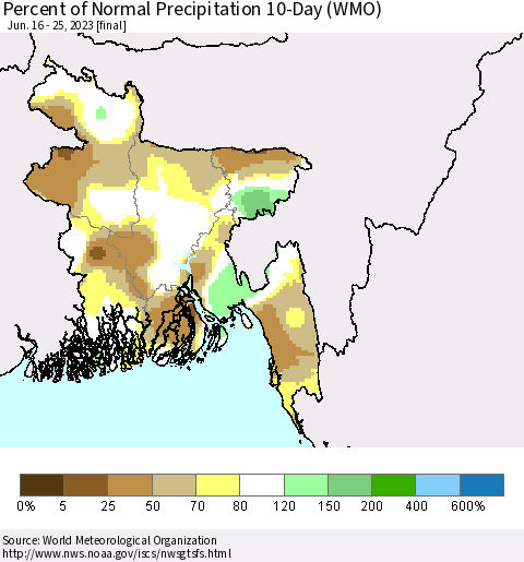 Bangladesh Percent of Normal Precipitation 10-Day (WMO) Thematic Map For 6/16/2023 - 6/25/2023