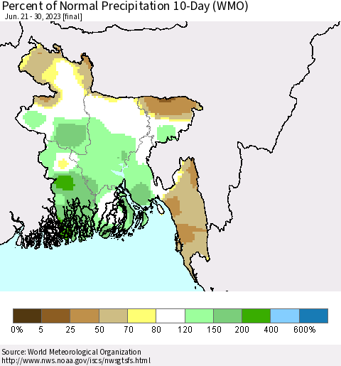 Bangladesh Percent of Normal Precipitation 10-Day (WMO) Thematic Map For 6/21/2023 - 6/30/2023