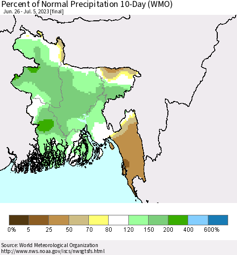 Bangladesh Percent of Normal Precipitation 10-Day (WMO) Thematic Map For 6/26/2023 - 7/5/2023