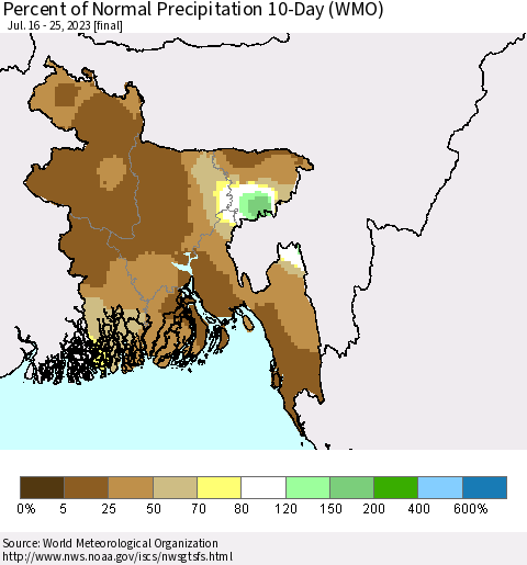Bangladesh Percent of Normal Precipitation 10-Day (WMO) Thematic Map For 7/16/2023 - 7/25/2023