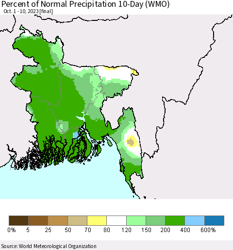 Bangladesh Percent of Normal Precipitation 10-Day (WMO) Thematic Map For 10/1/2023 - 10/10/2023