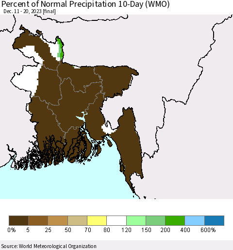 Bangladesh Percent of Normal Precipitation 10-Day (WMO) Thematic Map For 12/11/2023 - 12/20/2023