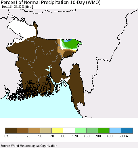Bangladesh Percent of Normal Precipitation 10-Day (WMO) Thematic Map For 12/16/2023 - 12/25/2023